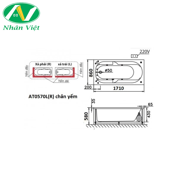 Bản vẽ kỹ thuật bồn tắm CAESAR AT0570L/R chân yếm 1.7m