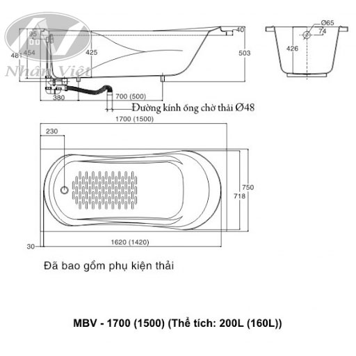 Bản vẽ kích thước bồn Tắm nhỏ Inax MBV-1500 Galaxy 1.5M Tường Xây
