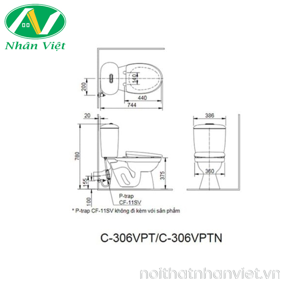 Bàn cầu Inax C-306VPT hai khối xả nhấn nắp thường-0