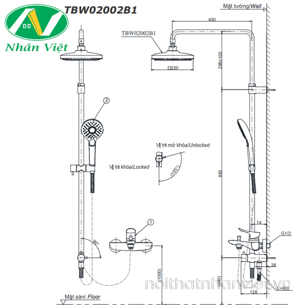 Bản vẽ kỹ thuật bộ sen cây TOTO TBG02302V/TBW02017A/TBW02002B1 nóng lạnh 2 chế độ