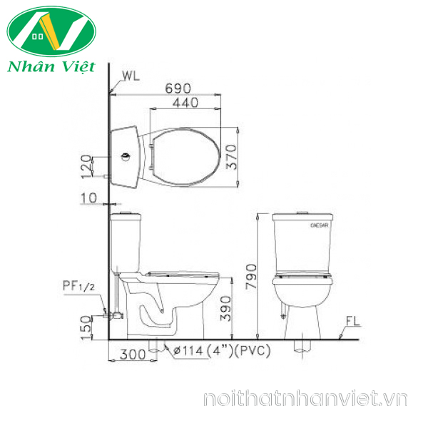 Bồn cầu Caesar CD1325 thùng T1225 2 nhấn nắp thường-0