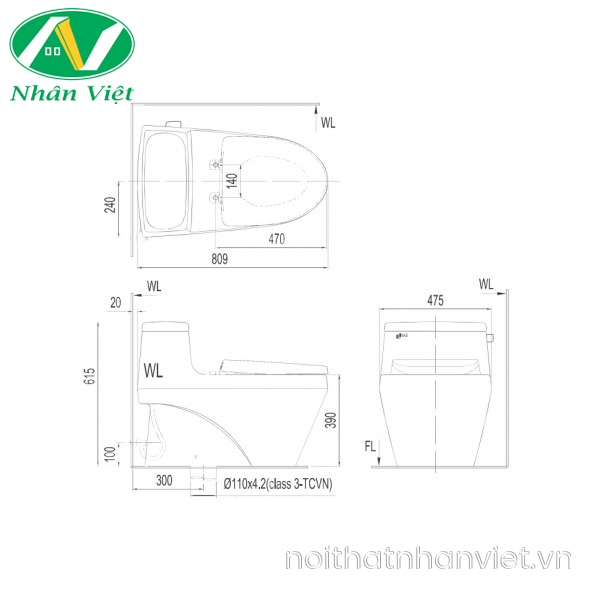 Bản vẽ kỹ thuật bồn cầu Inax AC-1135/CW-S15VN một khối nắp rửa cơ