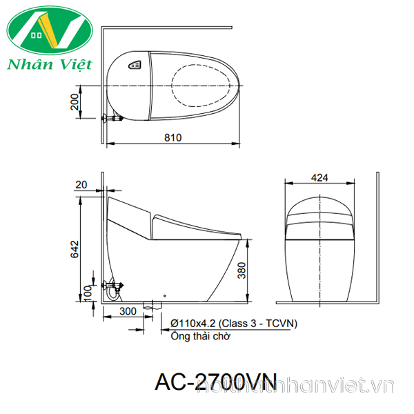 Bản vẽ kỹ thuật bồn cầu Inax AC-2700/CW-S15VN một khối nắp rửa cơ
