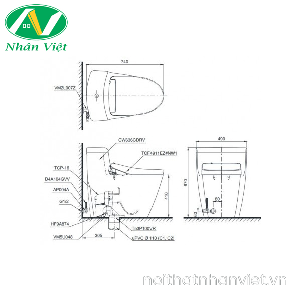 Bồn cầu TOTO MS636CDRW12 một khối nắp rửa điện tử Washlet-3