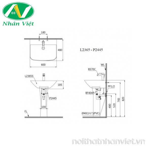 Chậu lavabo Caesar L2365/P2445 treo tường chân dài-0