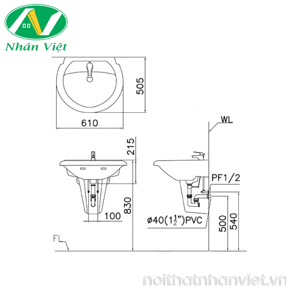 Chậu lavabo L2360/P2439 treo tường kèm chân ngắn-1