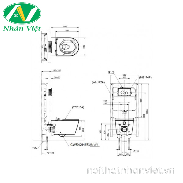 Thân cầu treo tường Toto CW542ME5UNW1/TC513A nắp TC513A-0